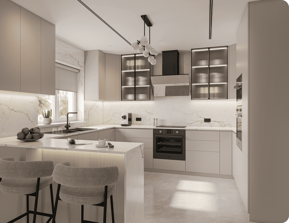 Modern kitchen interior featuring a neutral color palette, sleek cabinetry, a marble backsplash and countertops, built-in appliances, pendant lighting, and a breakfast bar with upholstered bar stools.