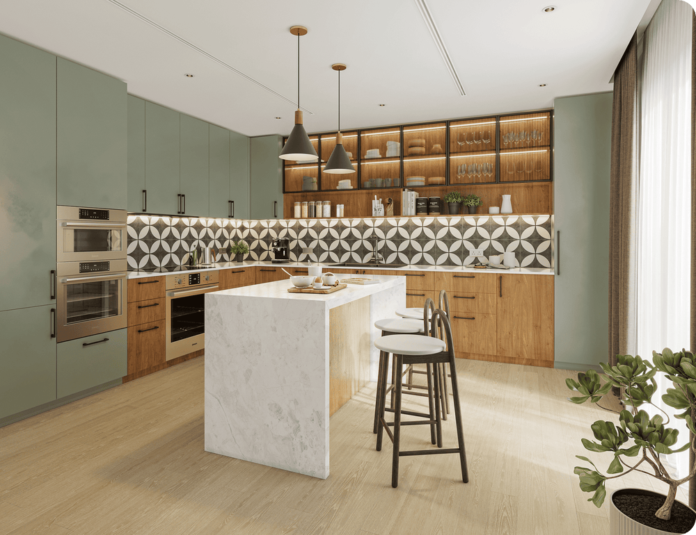 Contemporary kitchen interior featuring green and wood-tone cabinetry, a patterned tile backsplash, a large marble island with bar stools, pendant lighting, open shelving with warm backlighting, and a potted plant near a large window with curtains.