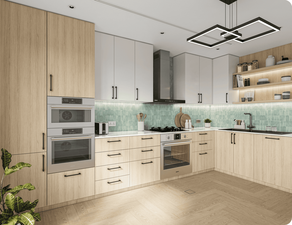 Modern kitchen renovation in Dubai featuring a light wood and white cabinetry combination, soft green tiled backsplash, integrated stainless steel appliances, under-cabinet lighting, and a stylish geometric ceiling light—blending contemporary functionality with warm, natural tones.