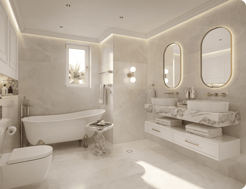 Modern marble bathroom with gold fixtures, stylish mirrors, and premium finish – bathroom renovation services in Dubai.